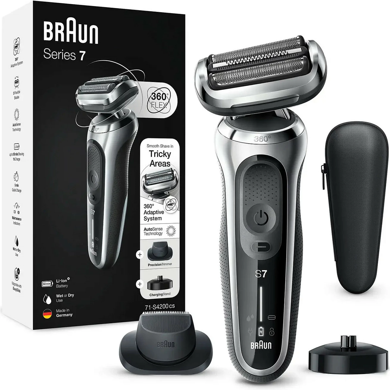 Makinë rroje Braun Series 7 71-S2000s, me bazë pastrimi/karikimi, Wet & Dry, e zezë