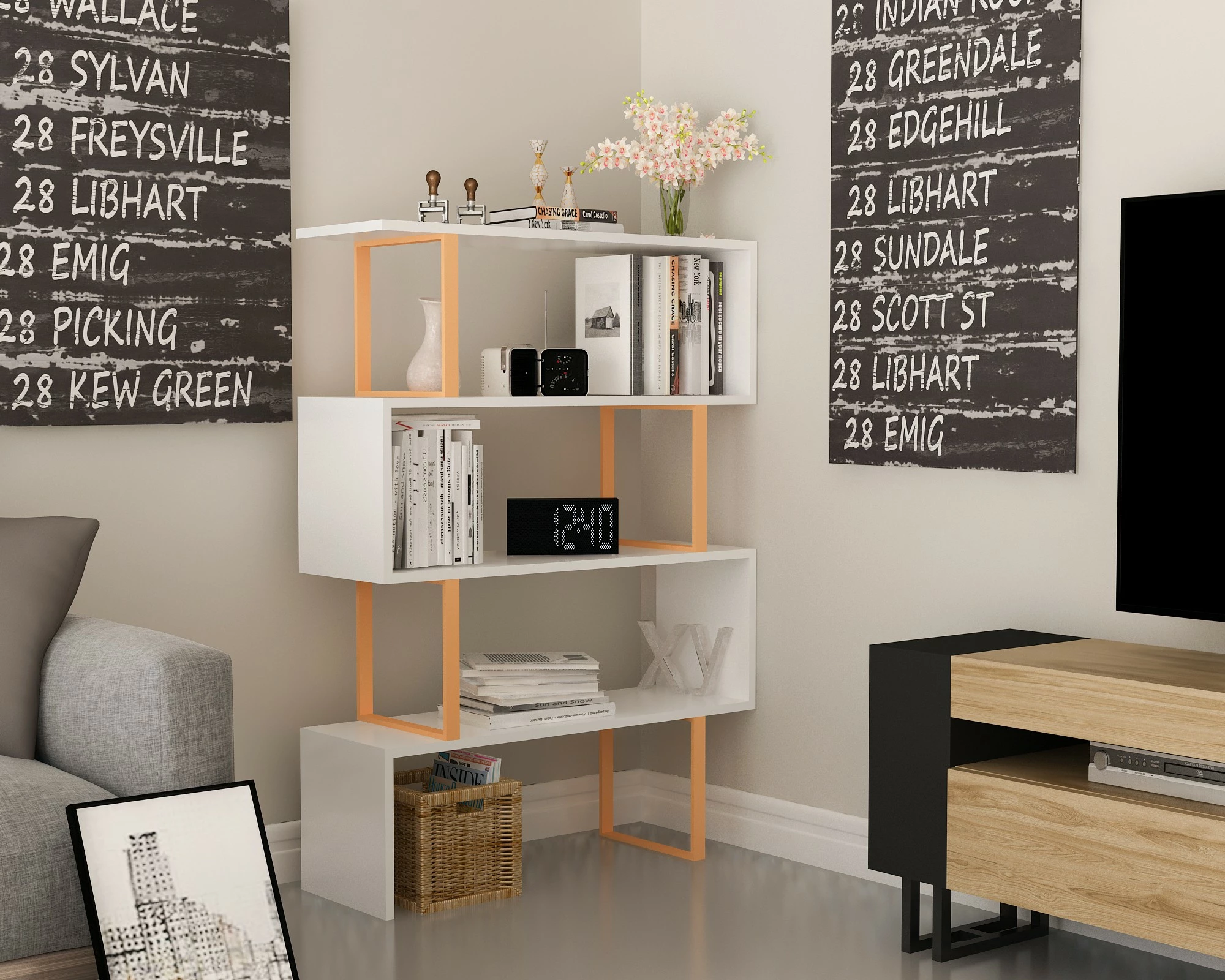 Raft librash Hanah Home Adriana, ngjyrë ari dhe e bardhë