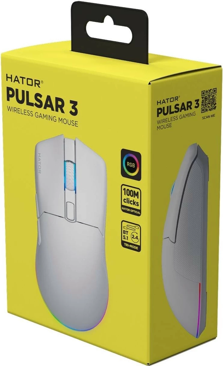Maus wireless Hator Pulsar 3, RGB, 12000 DPI, i bardhë