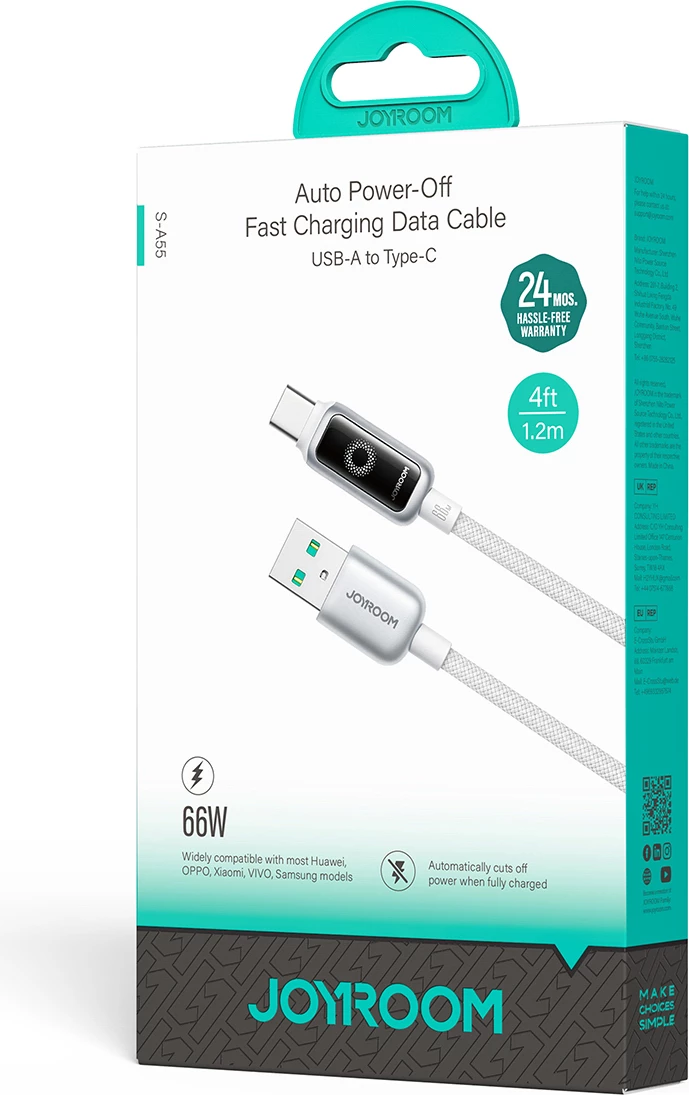 Kabllo USB-A në USB-C Joyroom S-A55 StarFlight 66W 1.2 m me LED, e bardhë