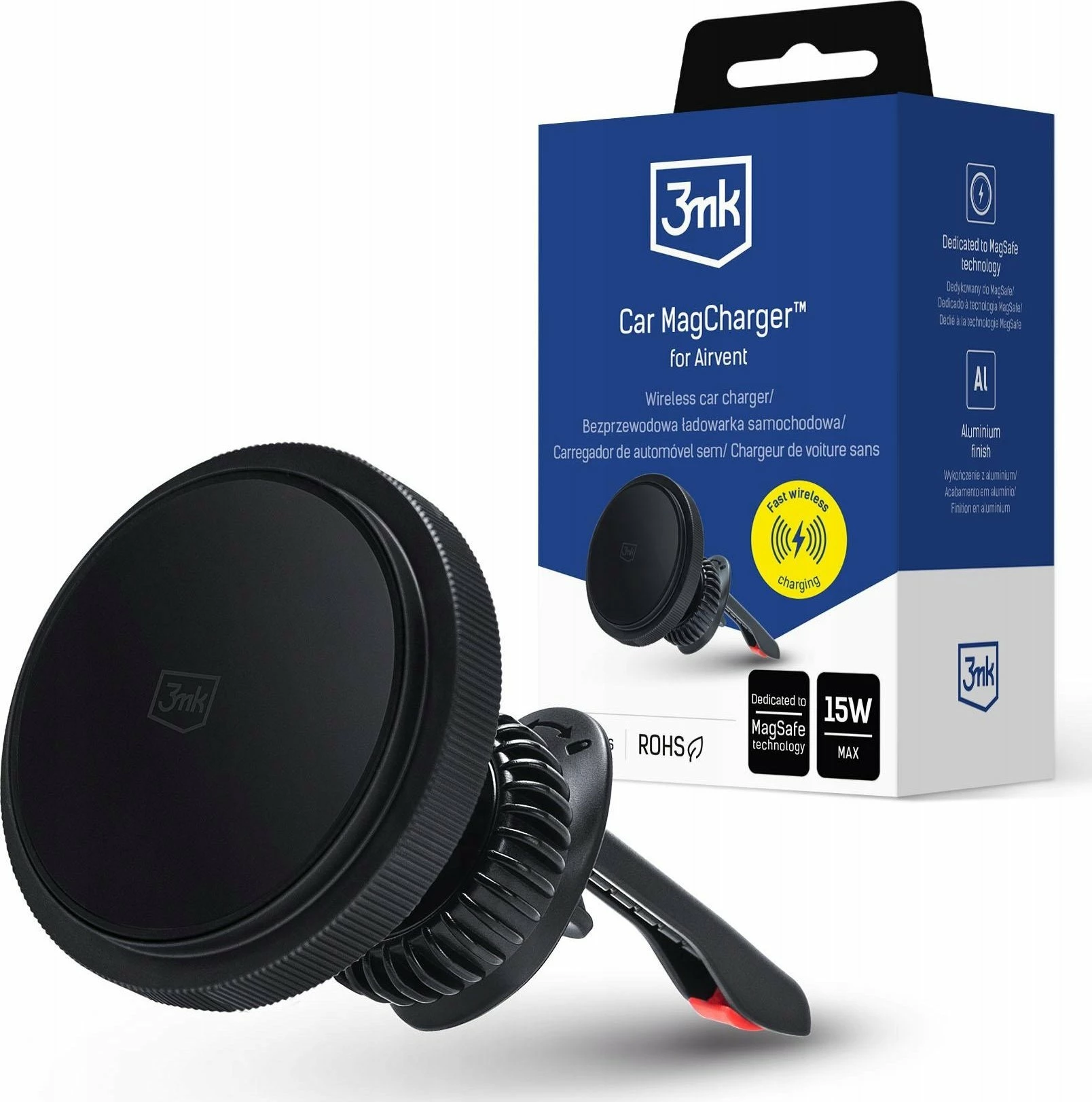 Mbajtës magnetik me karikim wireless për ventila makine 3MK Car MagCharger MagSafe 15W, i zi