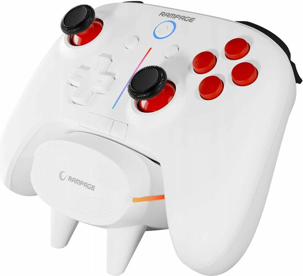 Kontroller loje Rampage Hydra Pro (HYDRAPRO-WHITE), RGB, Bluetooth/2.4GHz/USB, me stacion karikimi, Bardhë