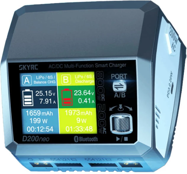 Karikues SkyRC D200neo, 800W, 35A, për bateri LiPo/LiFe/NiMH, Dy porta, Gri