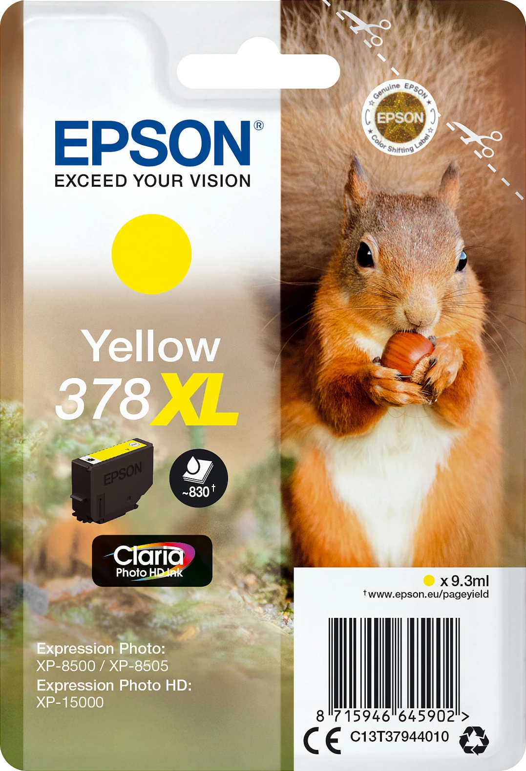Toner Epson Squirrel Singlepack Yellow 378XL Claria Photo HD, High (XL) Yield, 9.3 ml, Verdhë