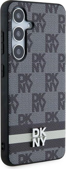 Mbështjellës DKNY Leather Checkered Mono Pattern & Printed Stripes për Samsung Galaxy S24, i zi