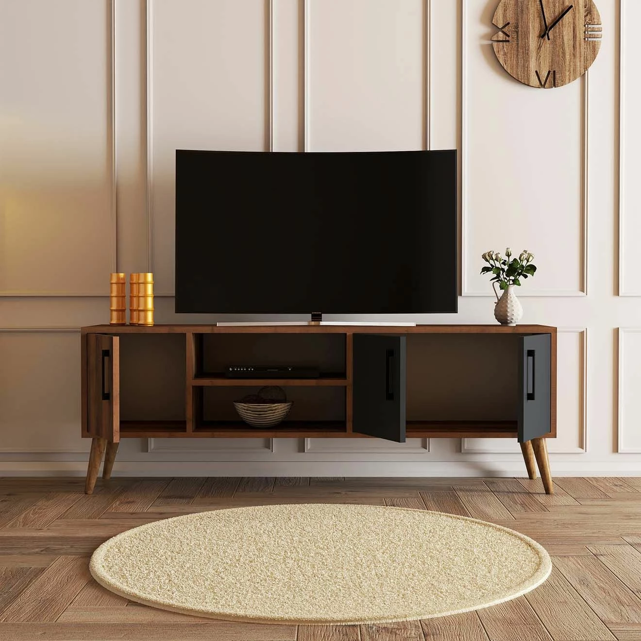 Komodë TV Exxen, ngjyrë arrë dhe antracit, 150x52x34cm