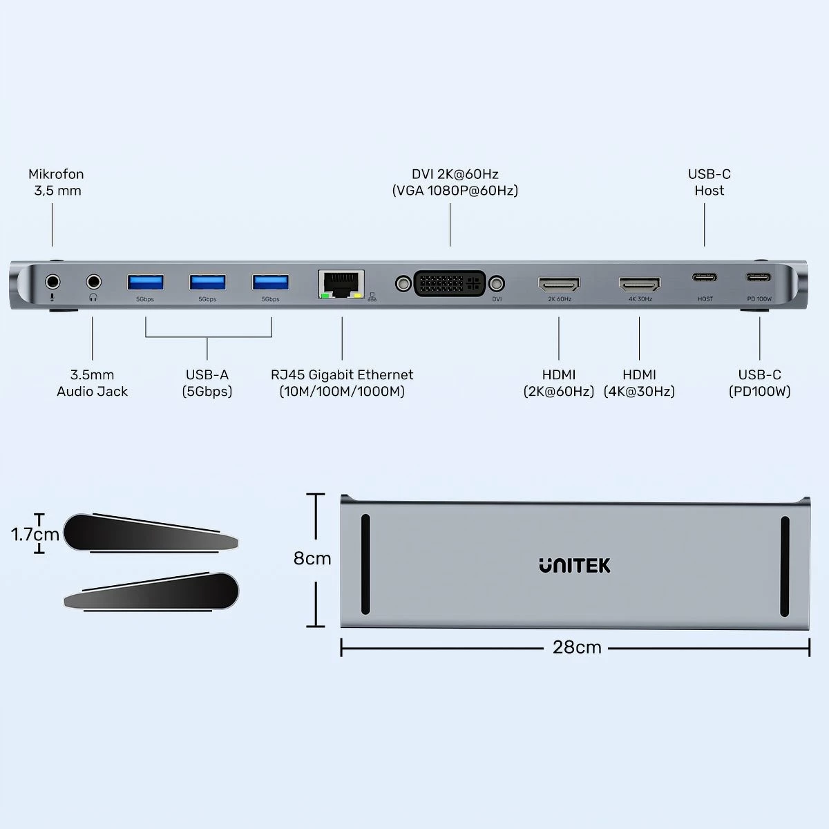 Docking station Unitek uHUB11+ USB-C DisplayLink 4K, PD 100W, 11 porta, gri, set me kabllo 0.6 m + adapter DVI-VGA