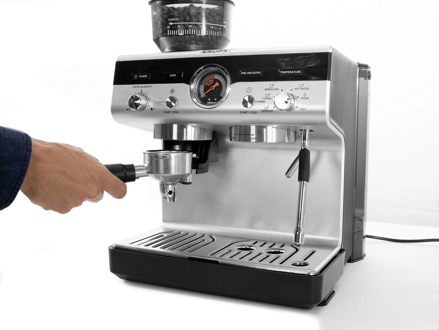 Makinë espresso Krups XP801T, me mulli të integruar, 3L, inox/e zezë