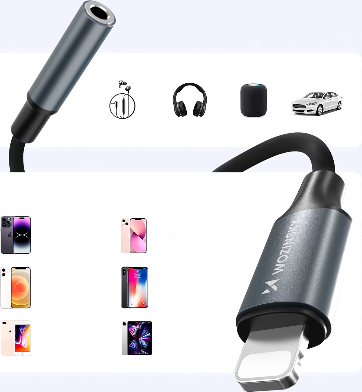 Adapter audio Lightning në 3.5 mm mini jack, Wozinsky, WALJ-01, alumini + TPE/nylon, HiFi, kompatibil me iPhone/iPad, zi