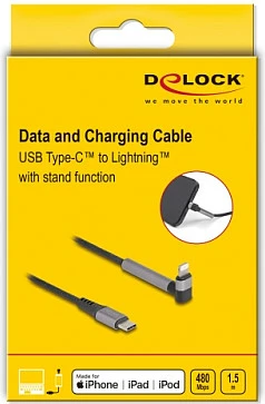 Kabllo DeLOCK USB-C në Lightning, 1.5 m, MFi, e këndshme, me funksion mbajtëse, e zezë/gri
