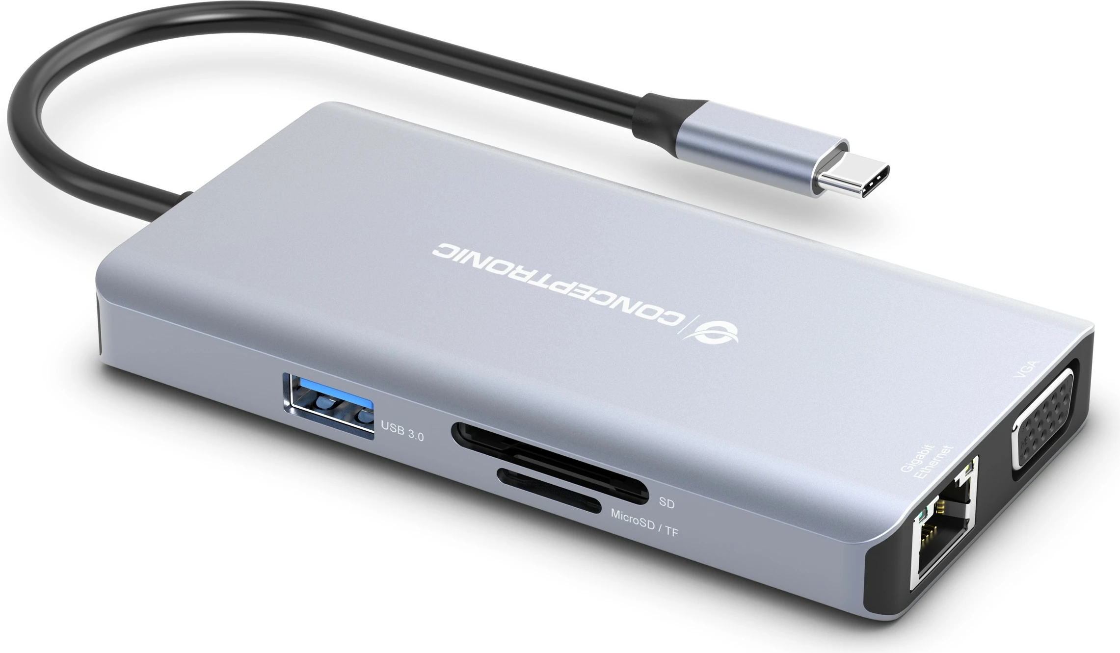 Docking station Conceptronic 10-1, USB-C në HDMI/USB-A/VGA/AUX, 25cm, gri