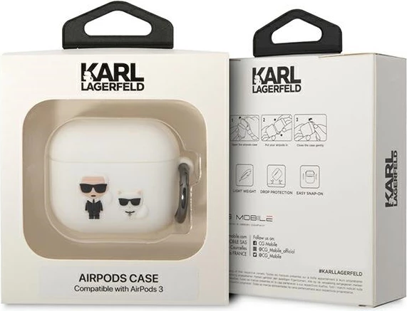 Mbështjellës Karl Lagerfeld për AirPods 3, silikon, i bardhë, me unazë