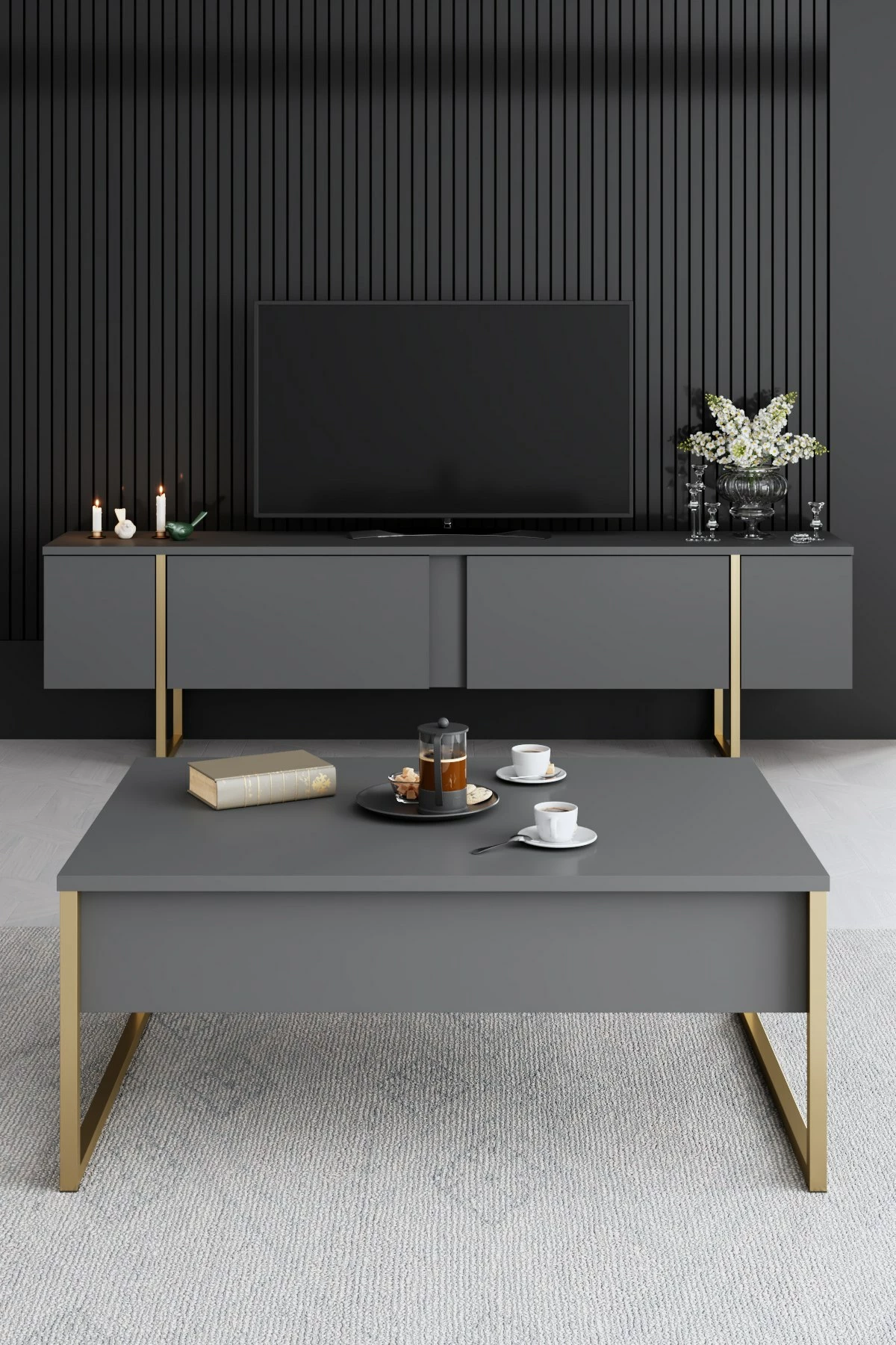 Set mobiljesh për dhomë dite, Luxe, antracit, ari