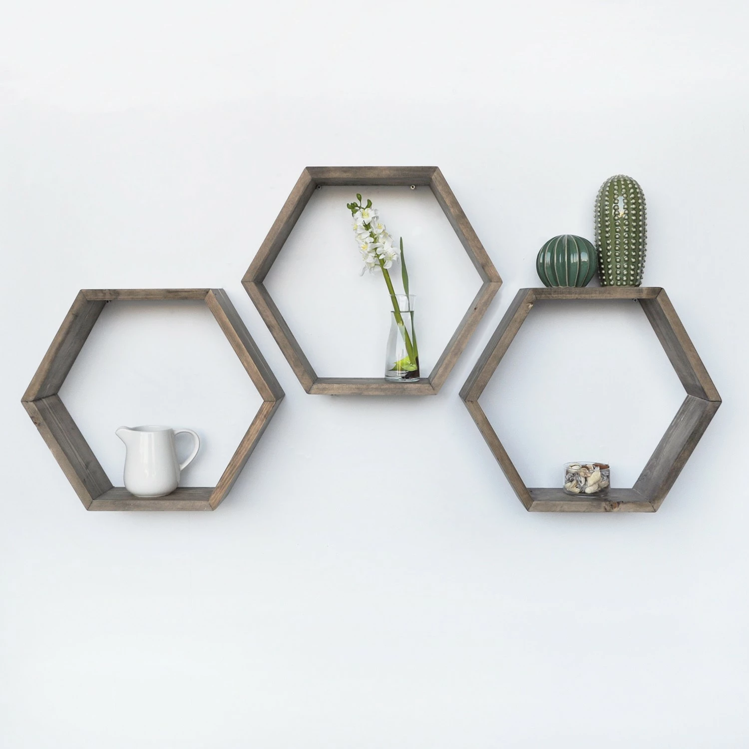 Raft muri prej druri, ngjyrë arre, Hanah Home Hex001, set prej 3 copash