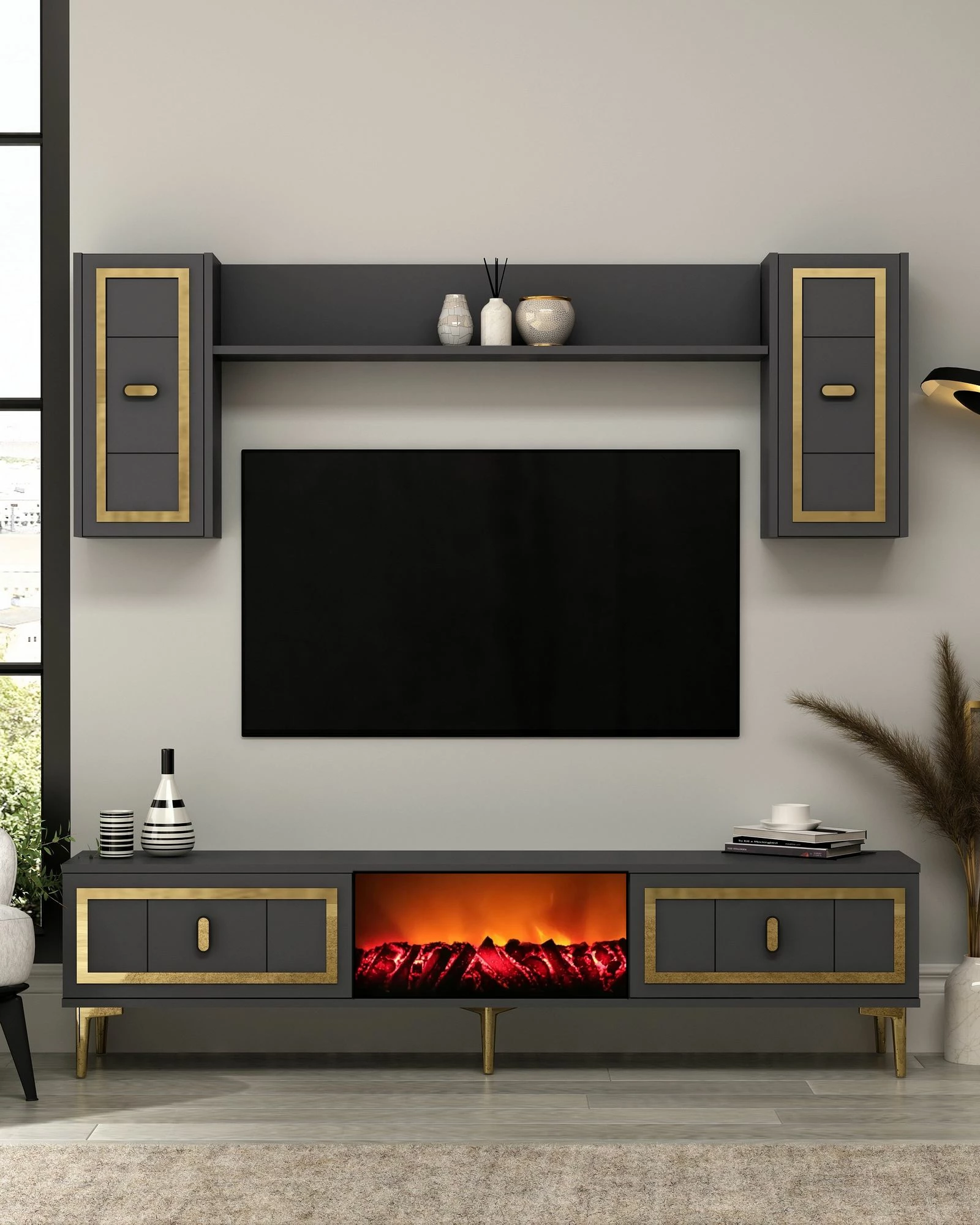 Komodë TV Skye Decor, me oxhak Orion, anthracite, ari