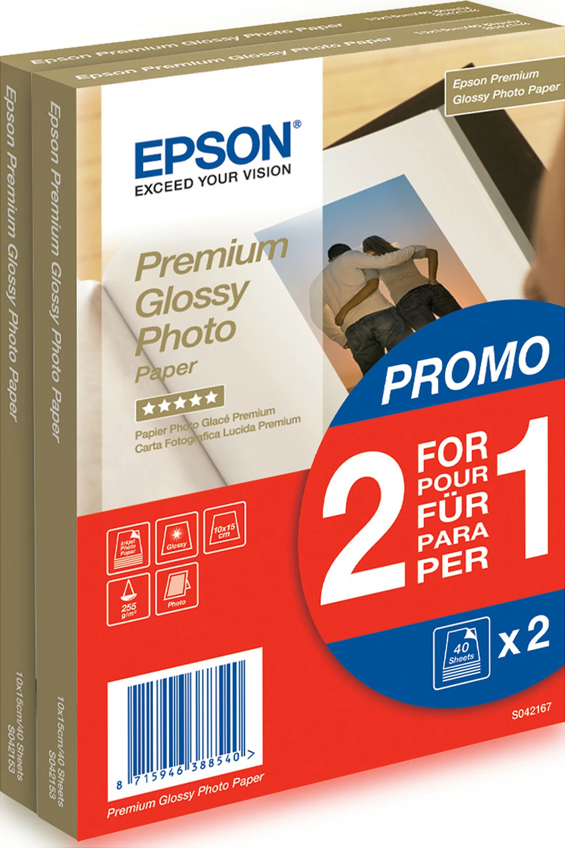 Letër fotoje Epson Premium Glossy, 10x15 cm, 255 g/m², 80 fletë, e bardhë
