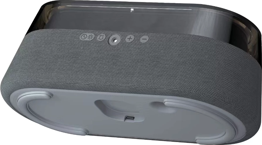 Altoparlant Bluetooth Moye Hemera 15W, orë alarmi me FM radio, dritë nate RGB, karikim pa kabllo Qi 5-15W, bateri 1800mAh, USB-C, zi/gri