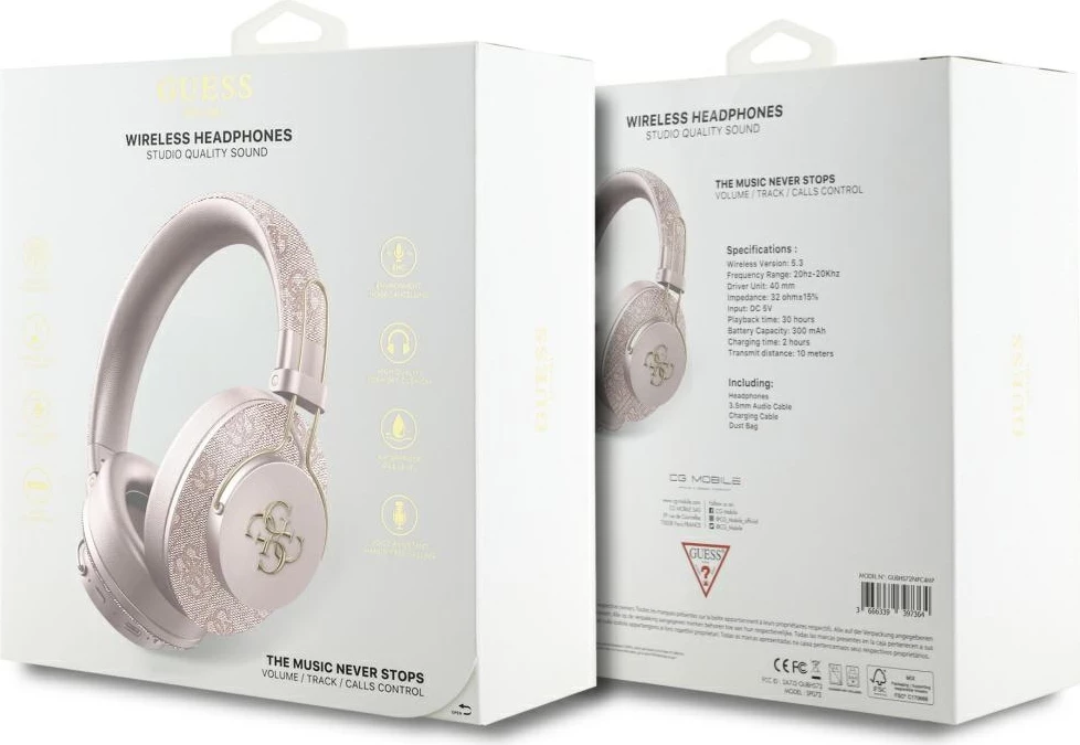 Kufje Guess Metal 4G Logo on-ear, Bluetooth 5.3, rozë, me çantë mbrojtëse