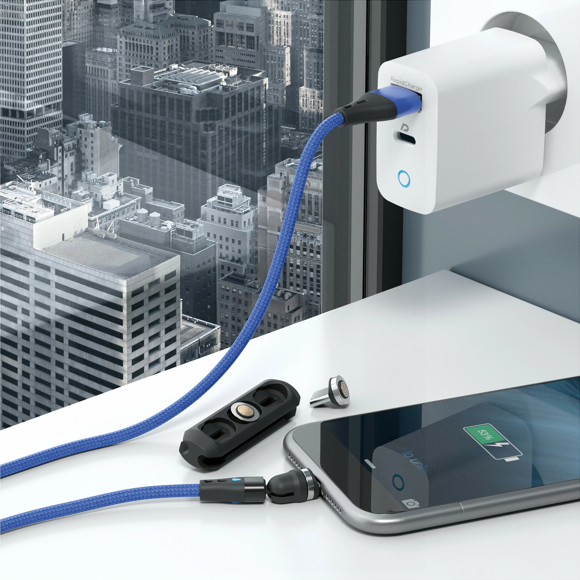 Kabllo magnetike RealPower 3A Set 1m, USB-A me adaptera, 3 copë, e zezë/kuqe/kaltër