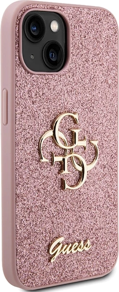 Mbështjellës Guess Glitter Script Big 4G për iPhone 15, Rozë