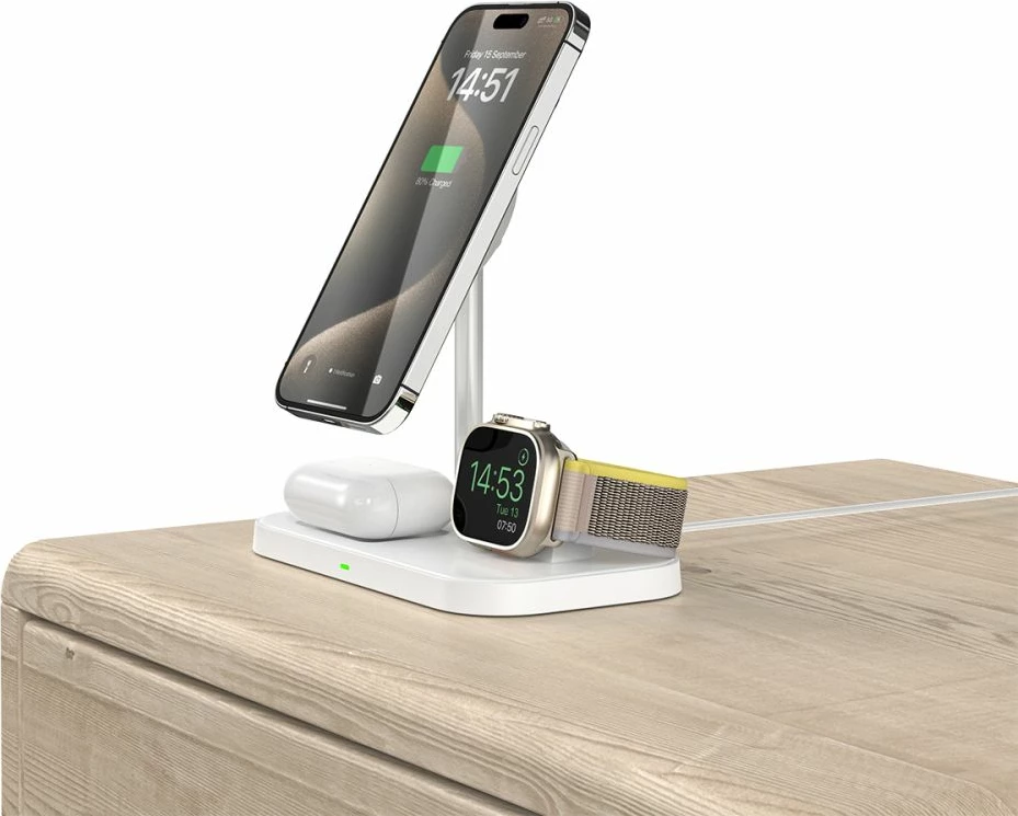 Karikues induktiv 3-në-1 Tech-Protect QI15W-A22 me MagSafe, për smartphone, Apple Watch dhe AirPods, Bardhë