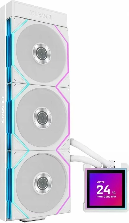 Ftohës me ujë AIO Lian Li HydroShift II LCD-S 360TL (GHS2LCDS36TW) 360mm, ARGB, LCD 2.8", e bardhë, set me 3 ventilatorë