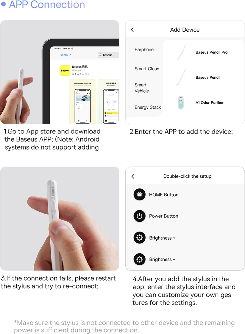Stylus aktiv për iPad, Baseus Smooth Writing 2, SXBC060402, mbështetje për pjerrësi, bateri 130mAh, USB-C, tregues LED, e bardhë