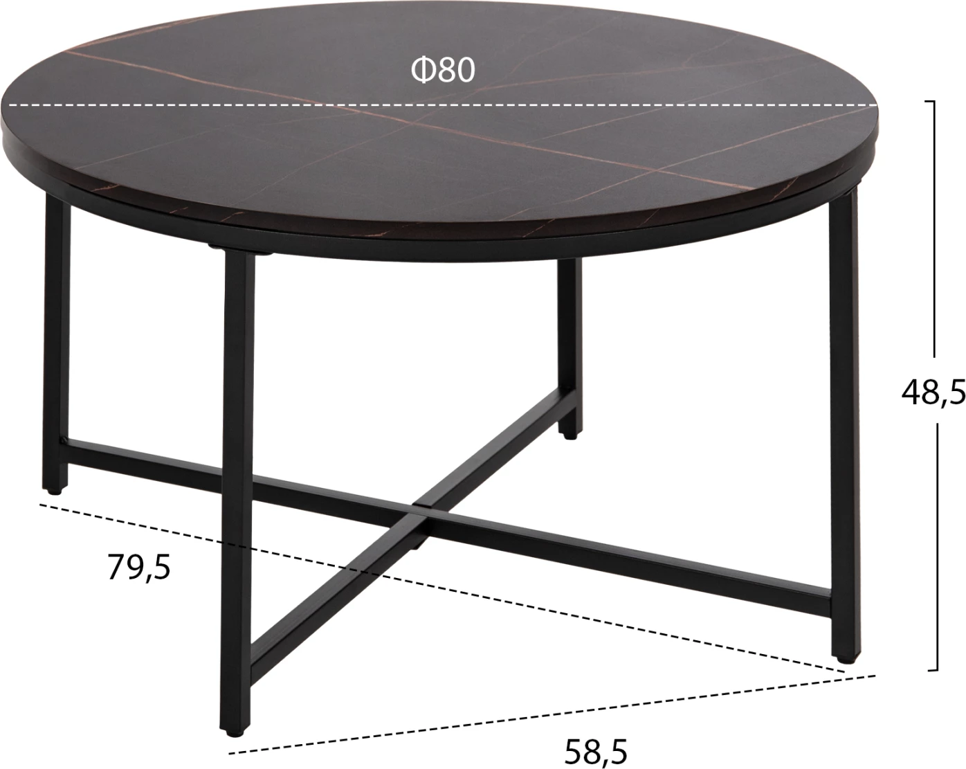 Tavolinë kafeje, melaminë ngjyrë mermeri të zi, këmbë metalike të zeza, FH9420.03, Φ80x48.5H cm