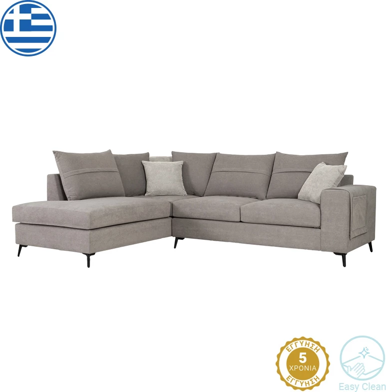 Kënd divani Montana, ngjyrë gri, jastëkë gri të çelët, 275x215x93cm