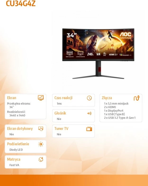 Monitor gaming AOC CU34G4Z, 34", 240Hz, VA, WQHD, HDMI 2.1, i zi 7
