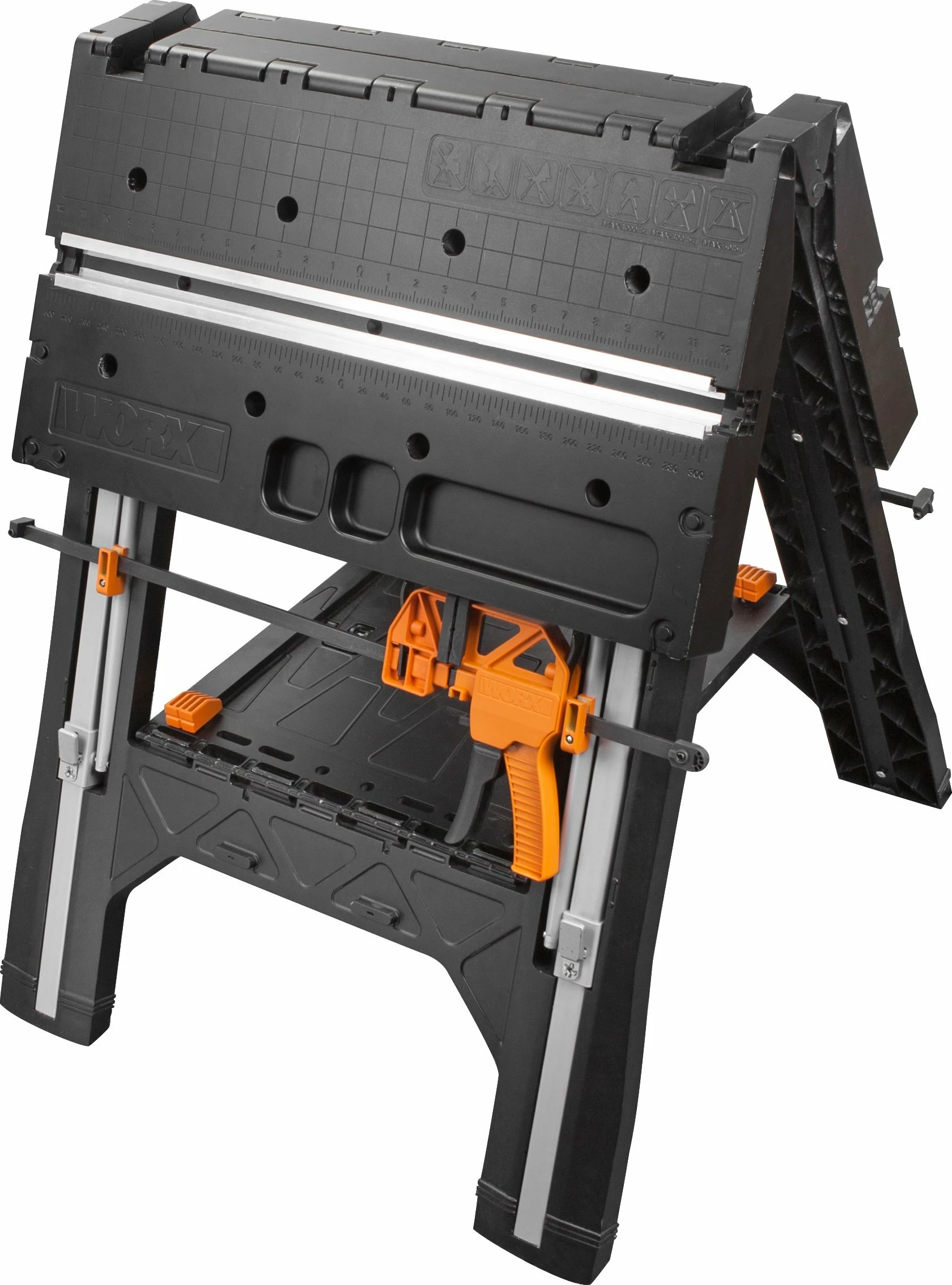 Tavolinë pune Worx Pegasus WX051 78x63 cm, palosëse, 136 kg, zi/portokalli, set me 2 klema + 4 konektorë