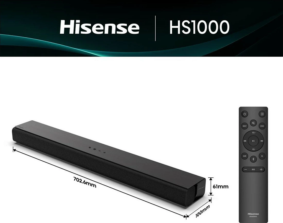 Soundbar Hisense HS1000, 2.0, 120 W, Bluetooth 5.3, HDMI ARC, e zezë