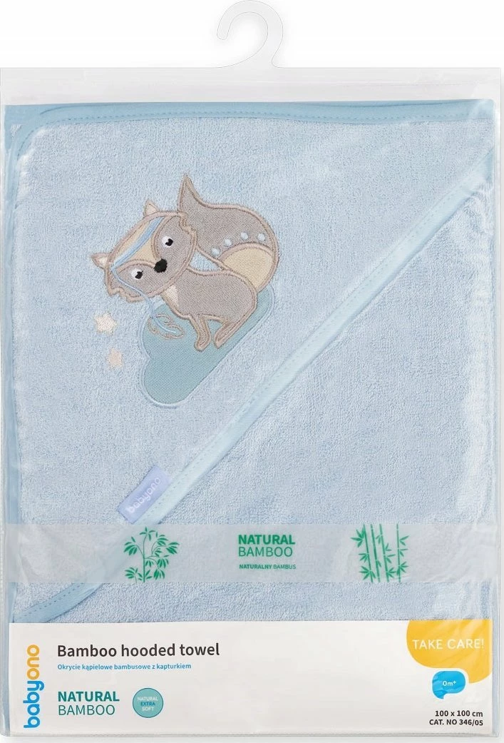 Peshqir banje me kapuç BabyOno 346/05 100x100 cm, bambu/pambuk, gri me aksente blu
