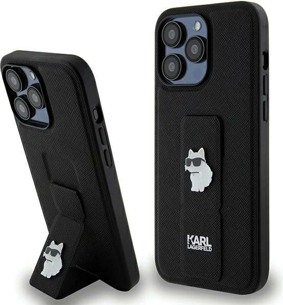 Mbështjellës Karl Lagerfeld Gripstand Saffiano Choupette Pins për iPhone 13 Pro Max, i zi