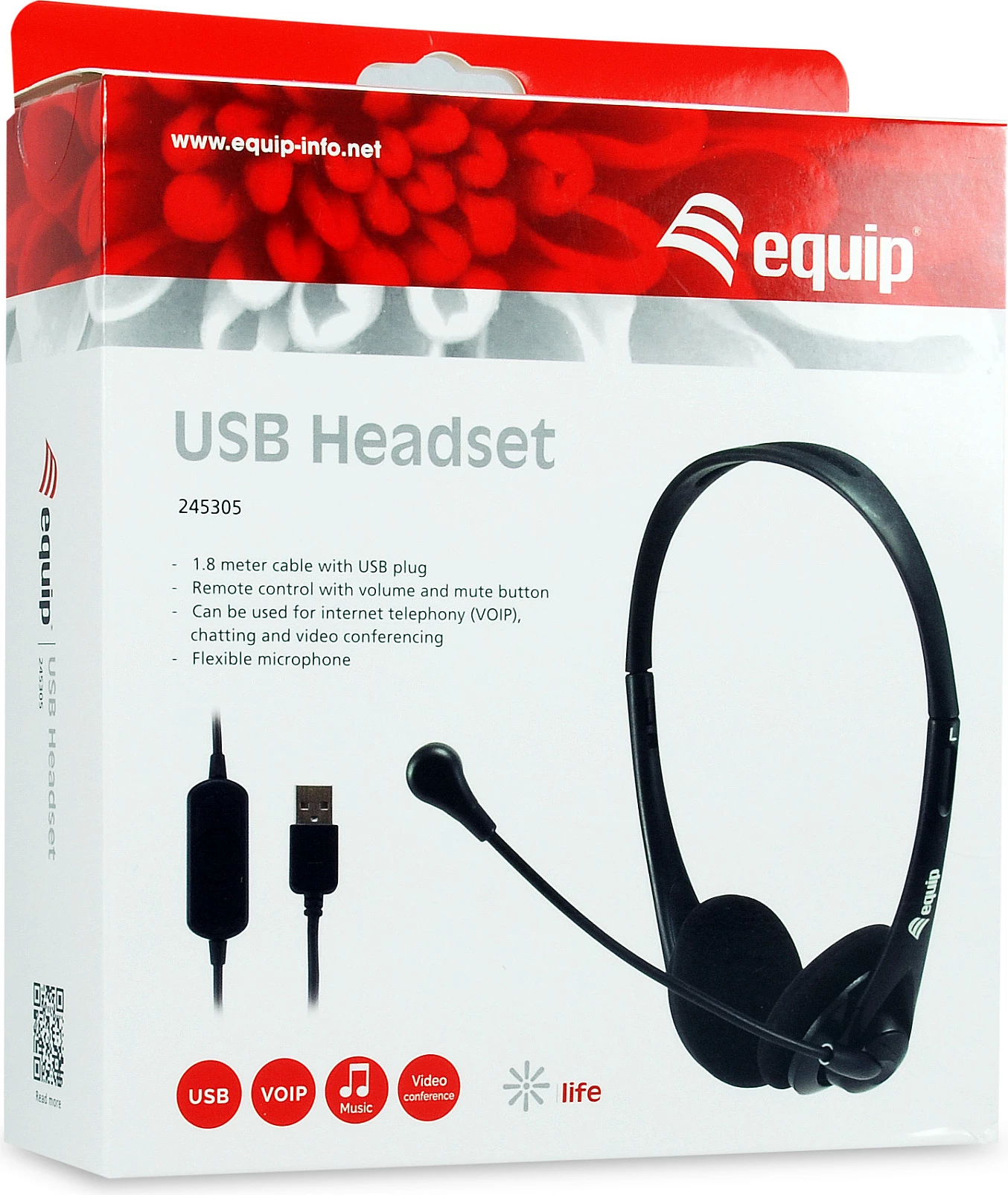 Kufje me mikrofon EQUIP 245305, USB-A, me kabllo 1.8 m, 20-20000 Hz, të zeza