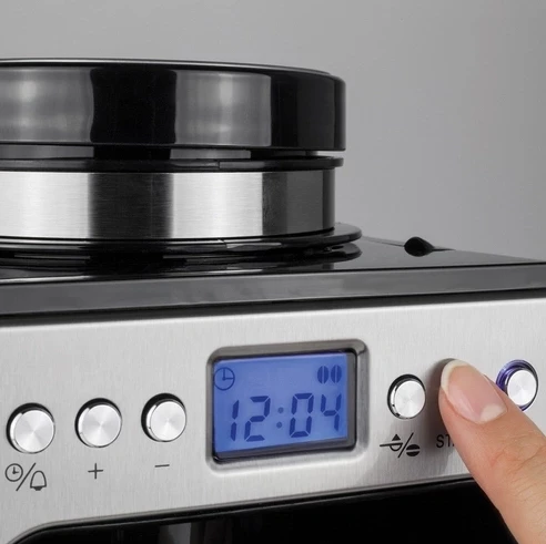 Aparat kafeje CASO Coffee Compact electronic 1848, 600W, 4 filxhanë, mulli burr, LCD me timer, filtër permanent, enë qelqi, çelik inox/zi