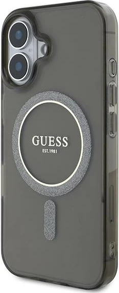 Mbështjellës Guess IML Glitter Circle MagSafe për iPhone 16, i zi