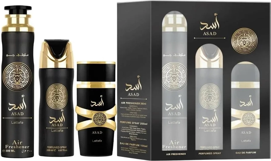 Set Eau de Parfum për meshkuj Lattafa Asad, 100ml + deodorant 200ml + air freshener 300ml
