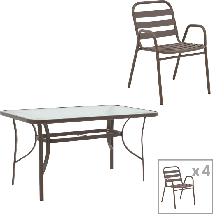 Tavolinë me karrige Ensure-Sussie, metal, ngjyrë kafe, 5 copë, 140x80x70cm