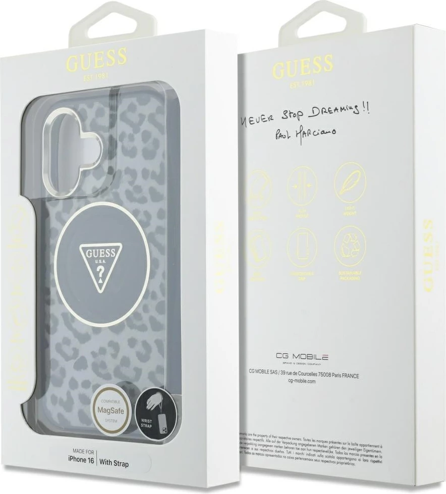 Mbështjellës Guess HC IML Leopard Triangle Cord Strap për iPhone 16, MagSafe, i zi