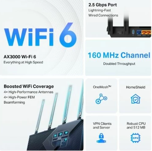 Router TP-LINK Archer AX55 Pro, Wi‑Fi 6 AX3000 Dual Band, 2.5G port, Gigabit, USB 3.0, i zi