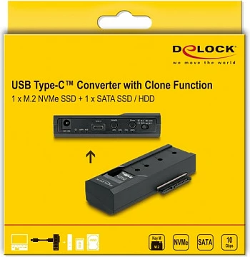 Konvertues USB-C DeLOCK për M.2 NVMe + SATA 2.5/3.5, funksion klonimi, i zi