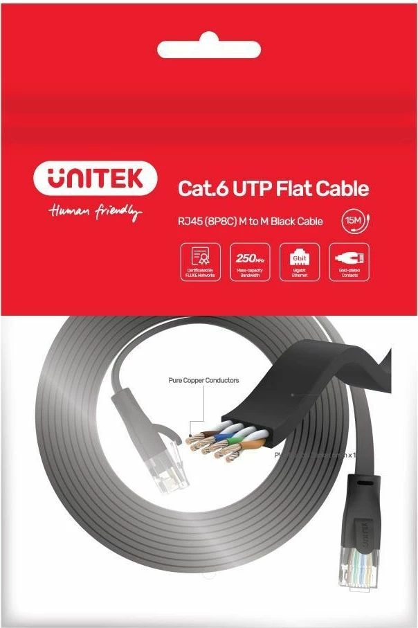 Kabllo rrjeti Ethernet Unitek Cat6 UTP e sheshtë 15 m e zezë