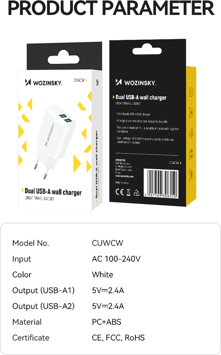 Karikues muri Wozinsky CUWCW, 2 x USB-A, 2.4A, i bardhë