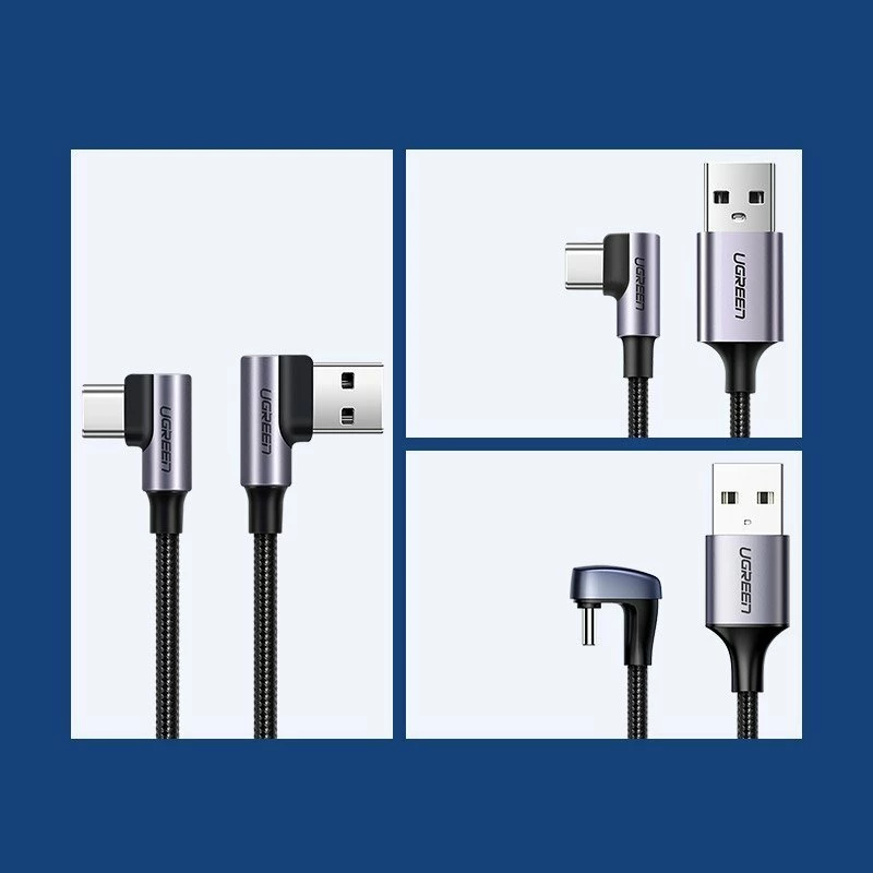 Kabllo USB-A në USB-C Ugreen 20855B 0.5 m Quick Charge 3.0 prizë 90° 3A e gërshetuar, e zezë