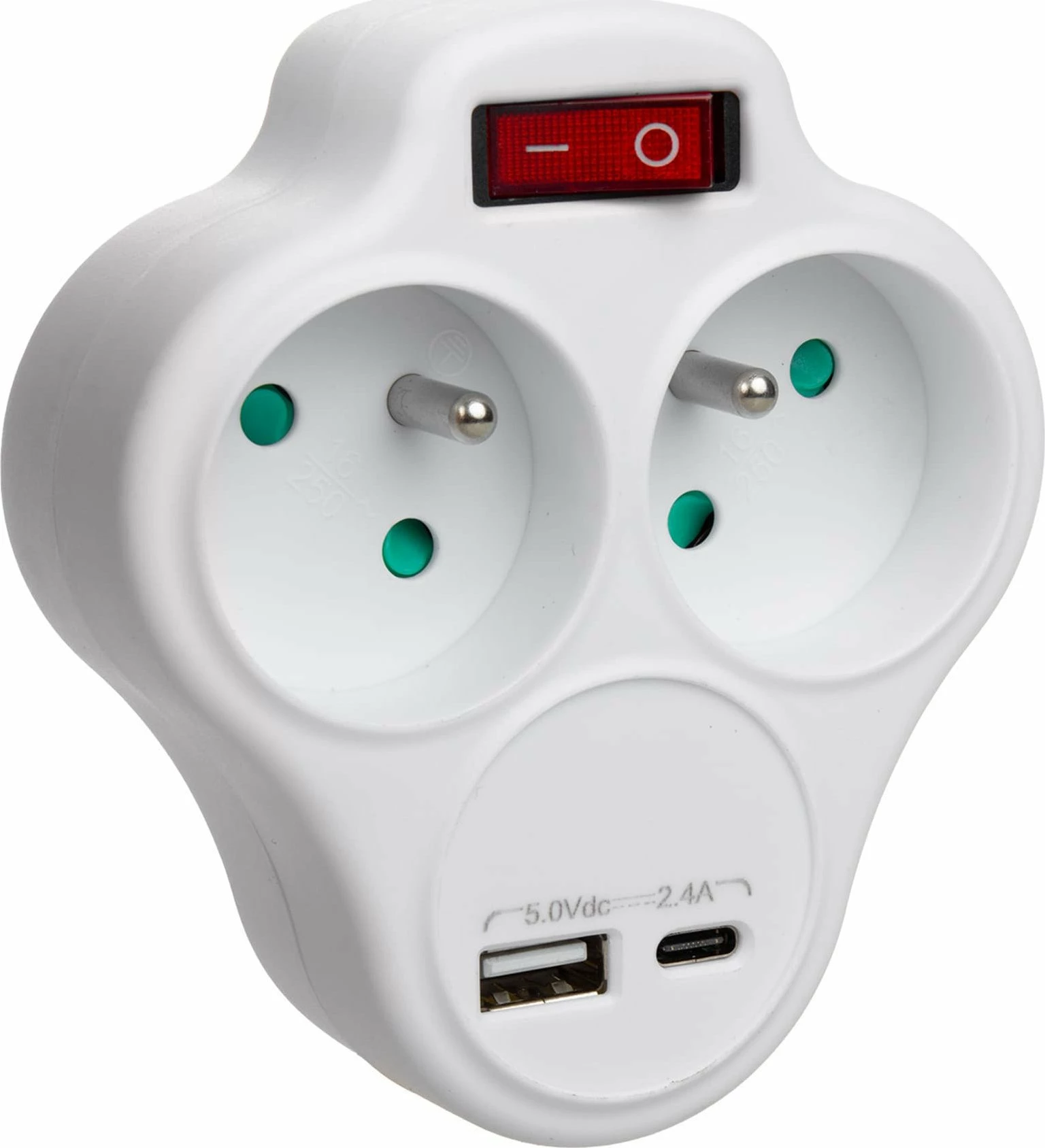 Ndarës prize Maclean MCE336 E, 2 priza Type E 2x16A, USB-A/USB-C 2.4A, me switch ON/OFF, e bardhë