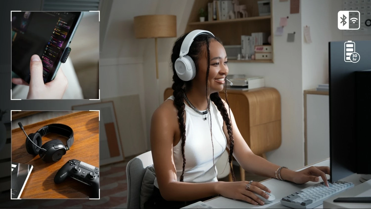 Kufje gaming Corsair HS35 V3 Wireless, Dolby Atmos, 30h, të bardha
