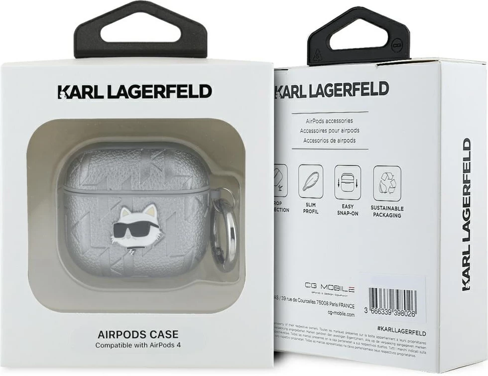 Mbështjellës Karl Lagerfeld Monogram Choupette Head për AirPods 4, argjendtë