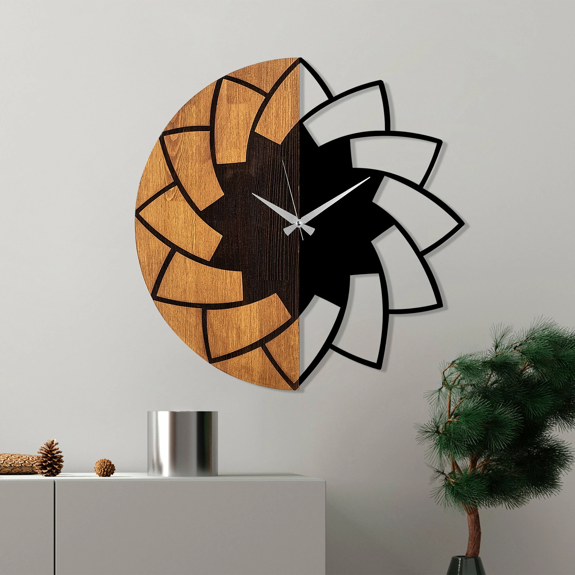 Orë muri dekorative prej druri, ngjyrë arre dhe e zezë, Wallity, 56cm