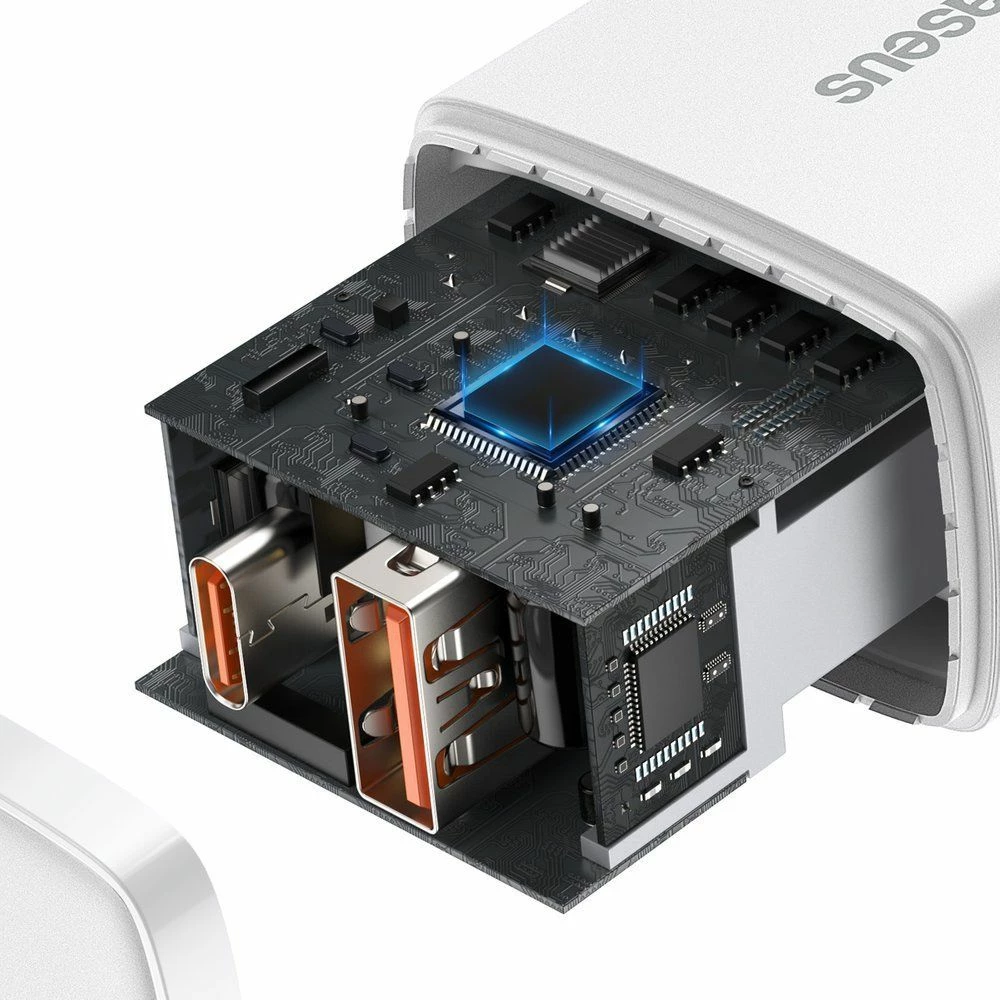 Karikues rrjeti Baseus Compact 6953156207240, 20W, 1x USB-A + 1x USB-C, 3A, PD 3.0/QC 3.0, bardhë